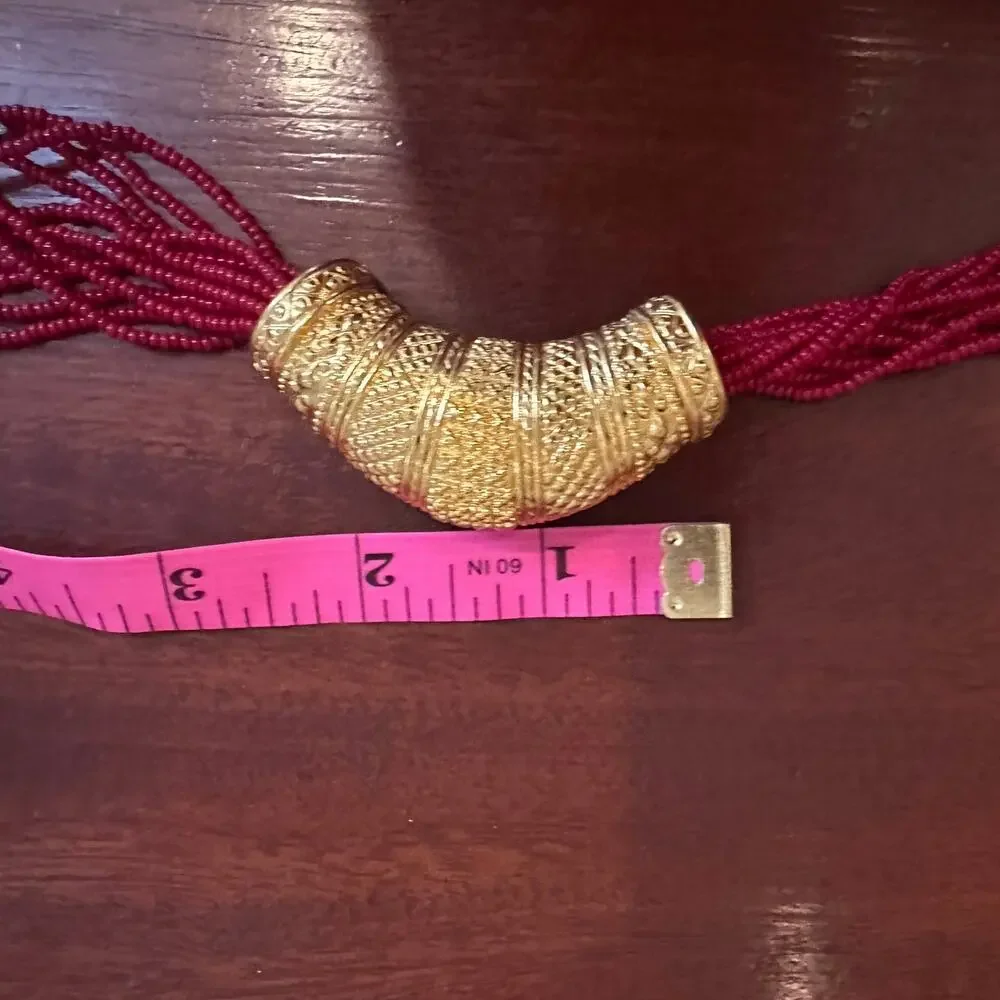 Bollywood Red Beaded Gold Plated Necklace Nepali Mali Wedding Costume Jewelry